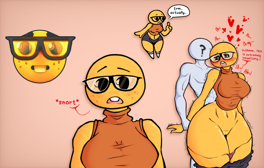 anonymous_character anonymous_male anthro big_breasts emoji emoji_(race) glasses heart moaning nerd nerd_emoji nerdy_female shaved shaved_pussy shiny_skin standing standing_sex thick_thighs turtleneck twitch_lines twitching wormbucket