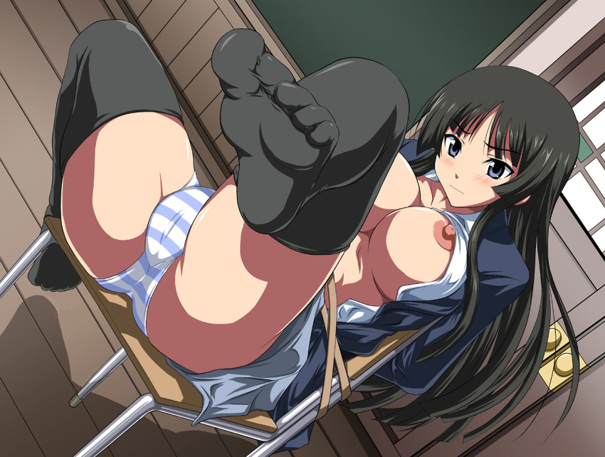 00s 1girl akino_hamo akiyama_mio bangs bdsm black_hair black_legwear blue_eyes blunt_bangs blush bondage bound breasts cameltoe chair chalkboard classroom error feet foot_focus hime_cut indoors k-on! large_breasts long_hair nipples open_clothes open_shirt panties school school_uniform shirt sitting solo striped striped_panties thighhighs underwear