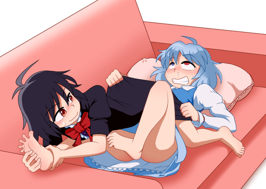 2_girls ahegao ahoge bare_legs barefoot bed black_hair blue_hair blush bow dress feet female female_only foot_tickling heterochromia houjuu_nue iromeki_overdrive looking_up lying multiple_girls no_legwear no_panties no_shoes pillow red_eyes runny_nose short_hair skirt soles spread_toes sweat sweatdrop tatara_kogasa tickle_torture tickling toes touhou wavy_mouth yuri