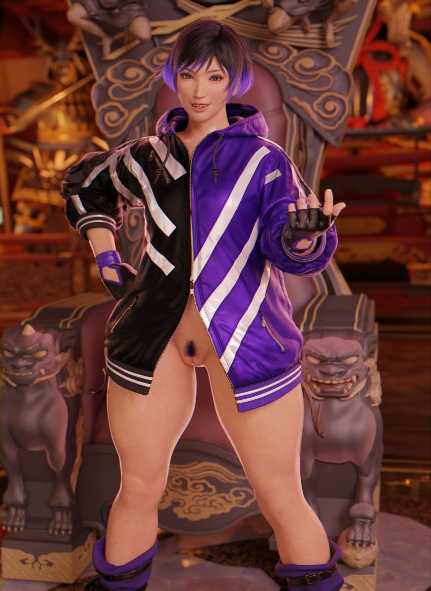 1girl 3d alluring athletic athletic_female black_and_purple_hair black_hair boots female_focus female_only fingerless_gloves hourglass_figure jacket naked_from_the_waist_down namco pubes pubic_hair purple_hair pussy reina_(tekken) short_hair standing tagme tekken tekken_8 tomboy trimmed_pubic_hair two_tone_hair vensaku wide_hips