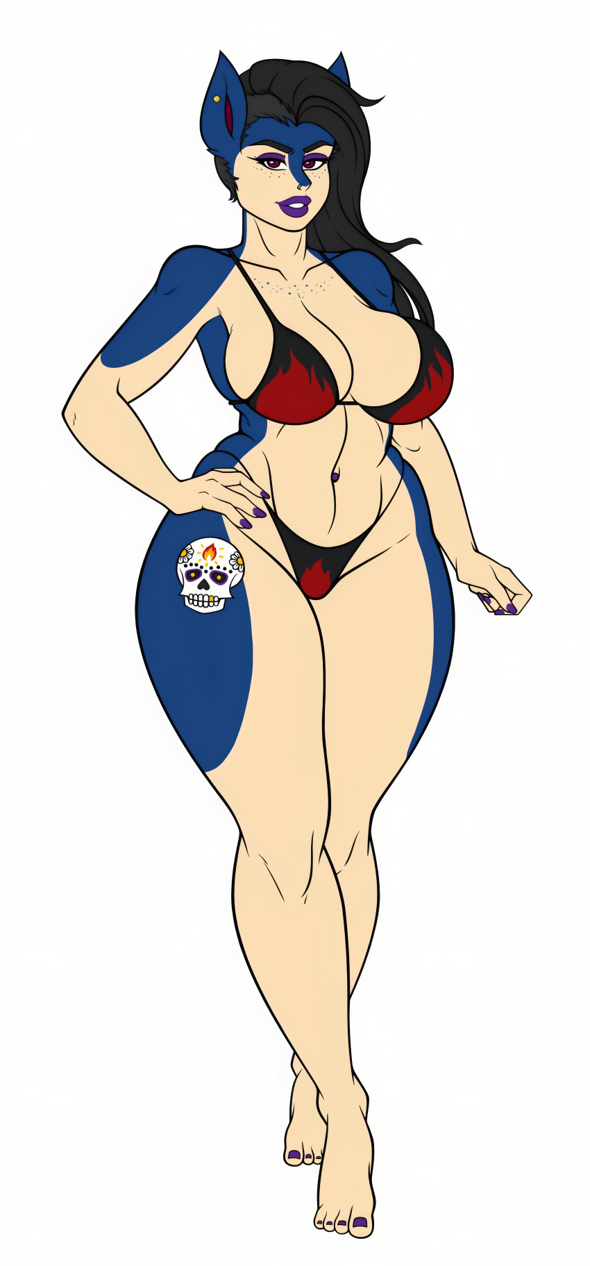 1girl big_ass big_breasts bikini black_hair blue_skin long_ears luchodraws posing seductive typhlosion