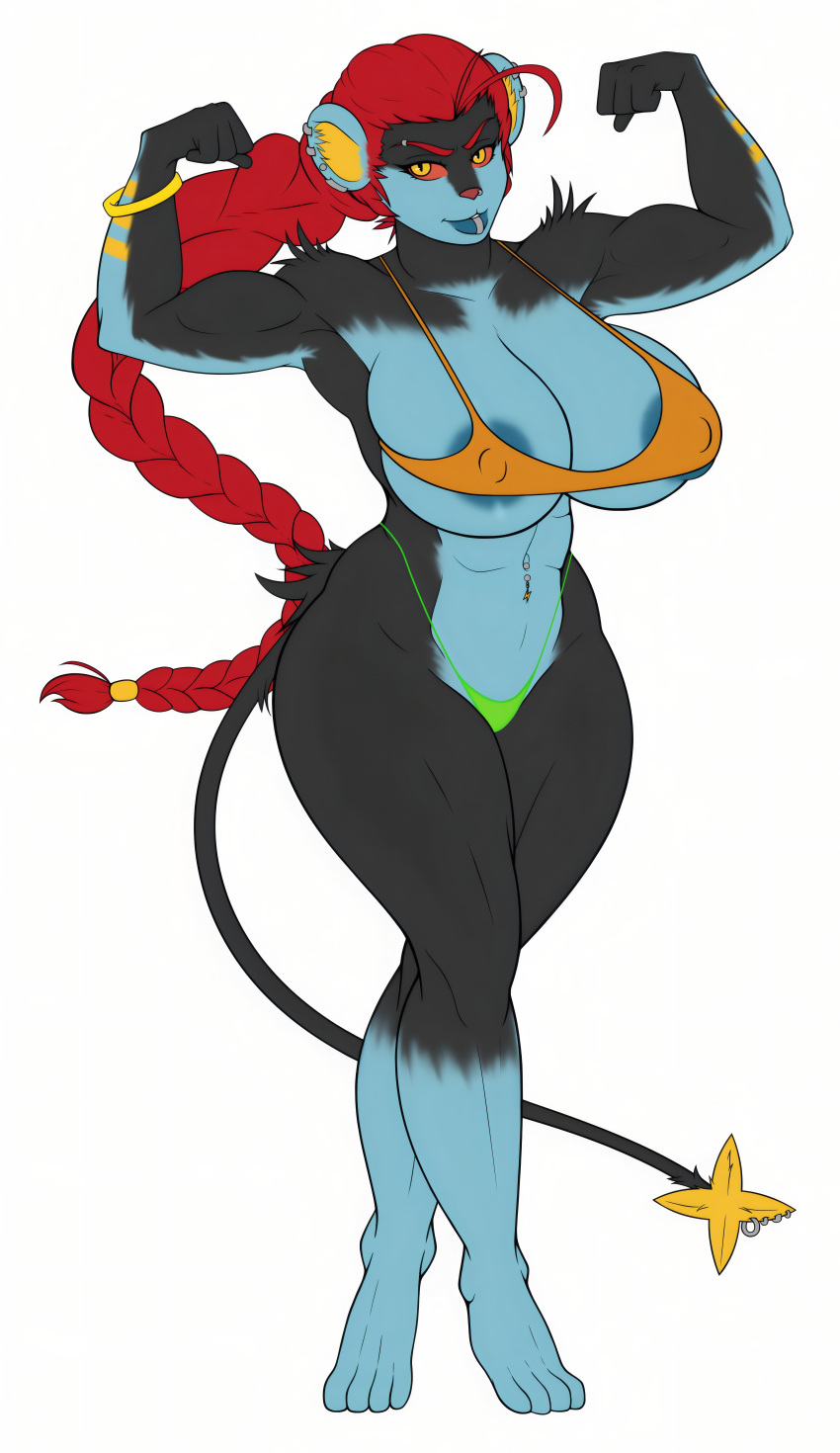 1girl big_ass big_breasts bikini black_fur blue_skin feline long_hair luchodraws luxray muscular_female piercings posing red_hair seductive tail