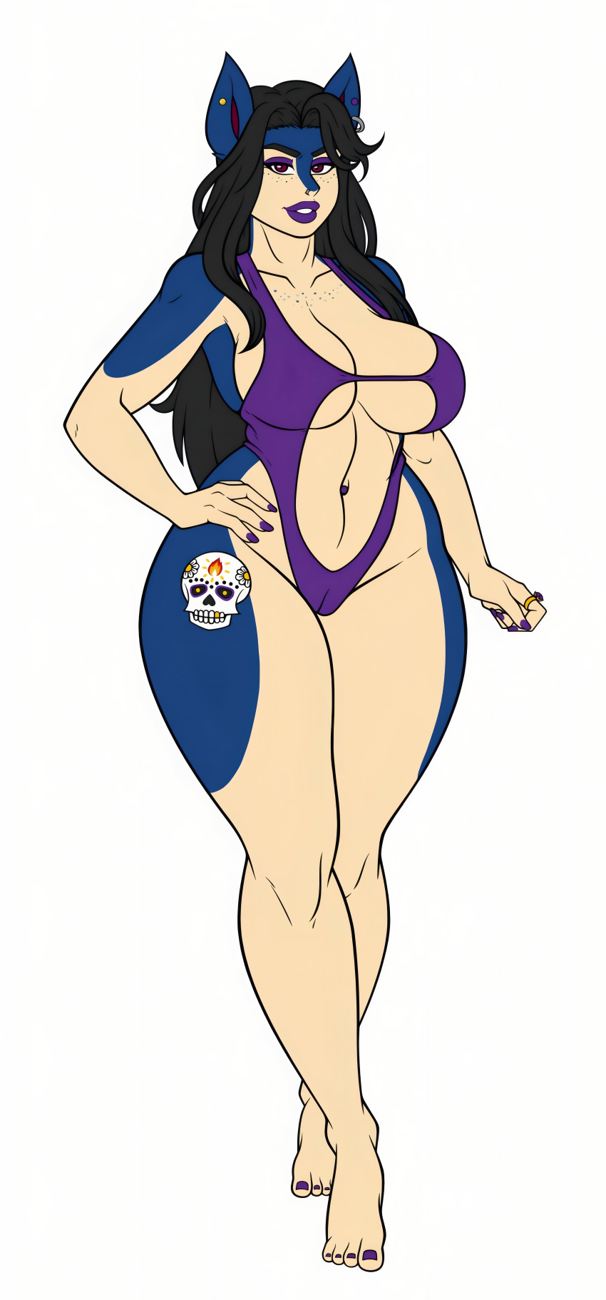 1girl big_ass big_breasts bikini_top black_hair blue_skin long_ears luchodraws posing seductive swimsuit typhlosion