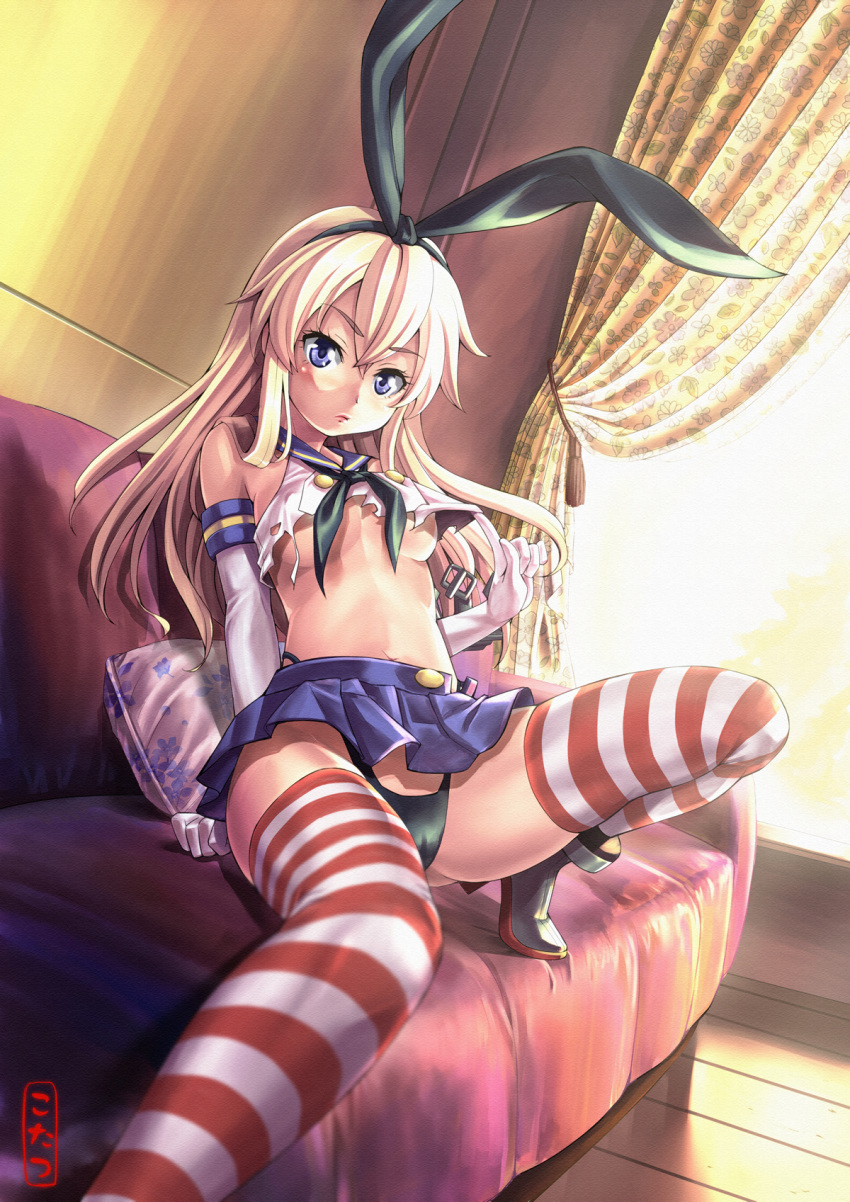 1girl artist_name black_panties blonde_hair blue_eyes blush bow breasts cameltoe couch crop_top crop_top_overhang curtains elbow_gloves female gloves hair_bow highres kantai_collection kotatsu_(artist) long_hair looking_at_viewer md5_mismatch microskirt midriff panties personification pillow pleated_skirt ribbon school_uniform serafuku shimakaze_(kantai_collection) skirt solo striped striped_legwear thighhighs thong torn_clothes underboob underwear window