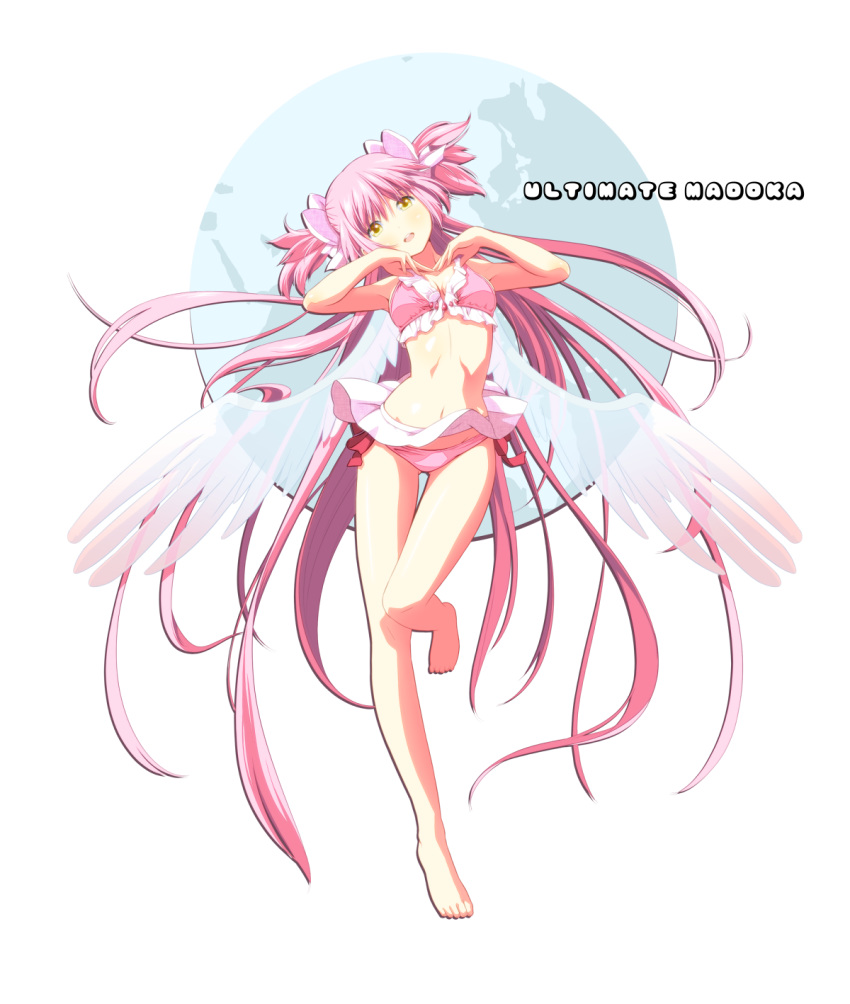 1girl bikini bikini_skirt blush bow character_name earth female frills hair_bow highres kaname_madoka leg_up long_hair mahou_shoujo_madoka_magica navel pink_hair solo swimsuit tsukumo_(soar99) two_side_up ultimate_madoka very_long_hair wings yellow_eyes