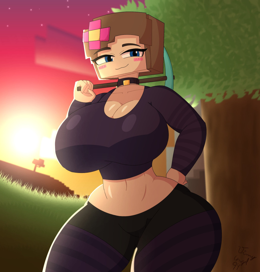 1girl big_breasts crop_top jenny_belle jenny_mod midriff minecraft pickaxe striped_legwear sunset tummy