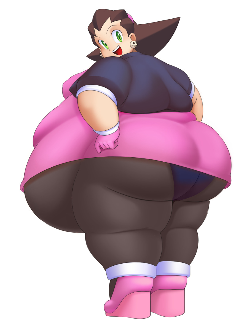 1girl back_view bbw big_ass big_belly eishiban happy high_heels looking_at_viewer looking_back mega_man obese tights tron_bonne wide_hips