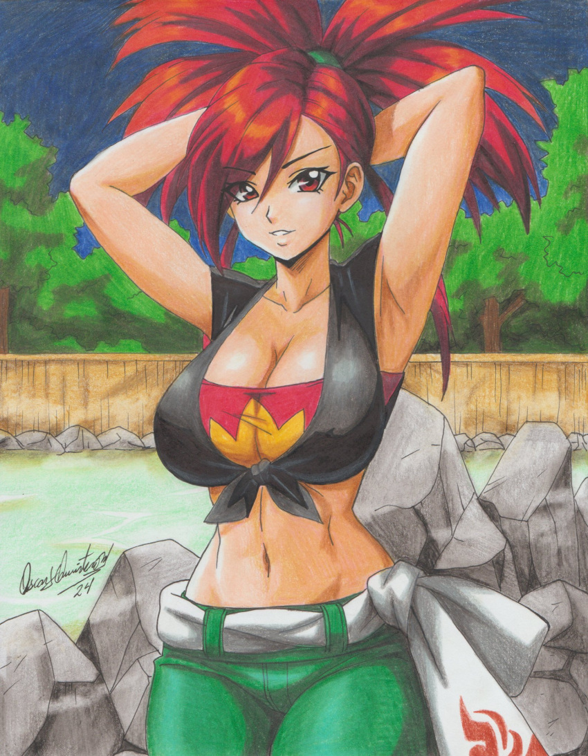 1girl 2024 alluring arms_behind_head athletic_female big_breasts branch cleavage creatures_(company) crop_top denim female_abs fit_female flannery_(pokemon) game_freak high_res jeans long_hair looking_at_viewer nintendo onsen pants pokemon pokemon_oras ponytail ravern_clouk ravernclouk_design red_eyes red_hair rock shirt sleeveless teeth tied_shirt traditional_media water