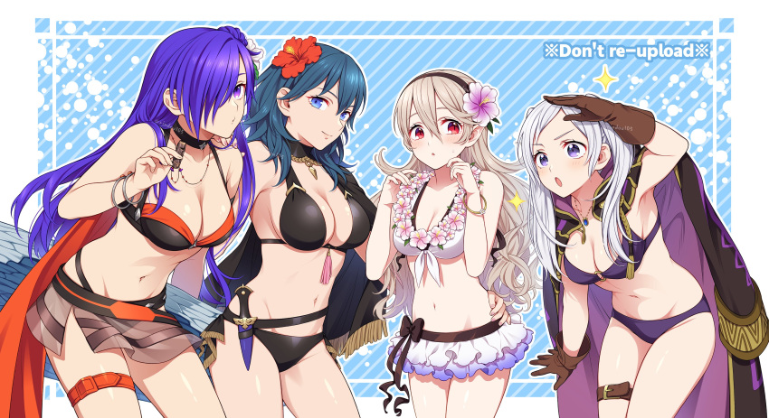 4girls absurd_res alluring alternate_costume big_breasts bikini black_bikini black_hair blue_eyes breasts brown_gloves byleth_(fire_emblem) byleth_(fire_emblem)_(female) byleth_(summer)_(fire_emblem)_(female) corrin_(fire_emblem) corrin_(fire_emblem)_(female) corrin_(summer)_(fire_emblem)_(female) female_focus fire_emblem fire_emblem:_three_houses fire_emblem_awakening fire_emblem_fates fire_emblem_heroes fire_emblem_warriors:_three_hopes flower flower_necklace frilled_bikini frills gloves grey_hair hair_bun hair_flower hair_ornament hair_over_one_eye high_res hiyori_(rindou66) jewelry leather leather_gloves lei long_coat long_hair looking_at_viewer matching_hair/eyes medium_breasts multiple_girls navel necklace nintendo official_alternate_costume parted_lips purple_bikini purple_eyes purple_hair red_eyes robin_(fire_emblem) robin_(fire_emblem)_(female) robin_(summer)_(fire_emblem)_(female) shez_(fire_emblem) shez_(fire_emblem)_(female) shez_(summer)_(fire_emblem) stomach swimsuit teal_hair thigh_strap trait_connection twin_tails white_bikini white_hair