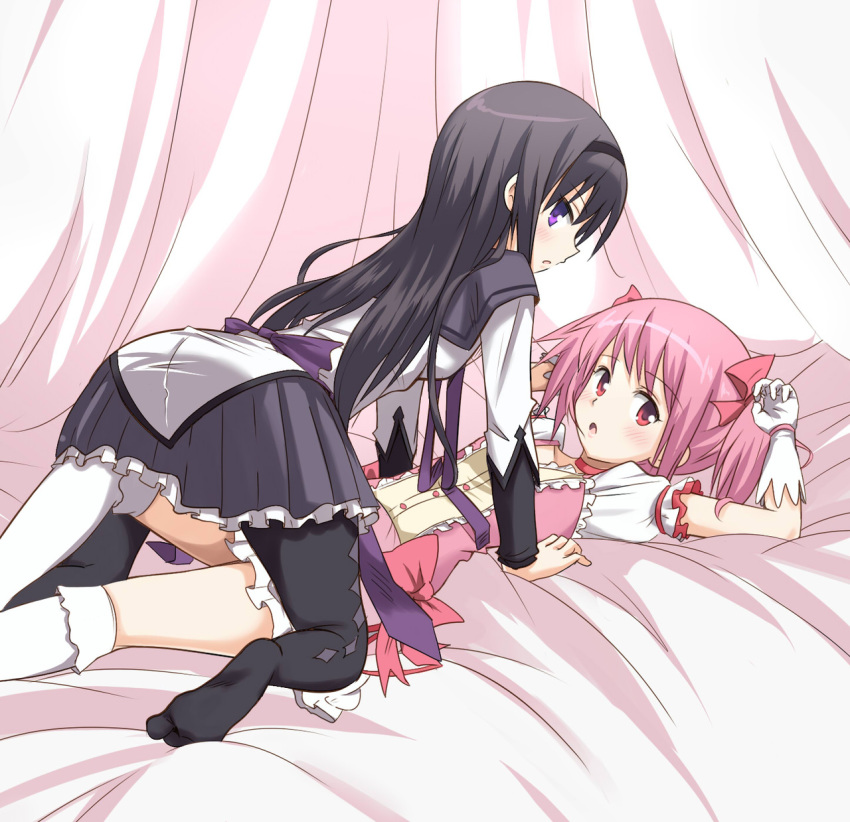 2_girls 2girls absurd_res absurdres akemi_homura all_fours arm arm_support arms arms_up art bare_legs bed black_hair blush choker dress female friends frottage girl_on_top gloves hair_ribbon hairband homura_akemi kaname_madoka legs long_hair long_sleeves looking_at_viewer looking_back lying madoka_kaname magical_girl mahou_shoujo_madoka_magica multiple_girls on_back open_mouth pantyhose pink_eyes pink_hair purple_eyes ribbon sanrokumaru school_uniform serafuku short_hair skirt socks tall_image twintails yuri