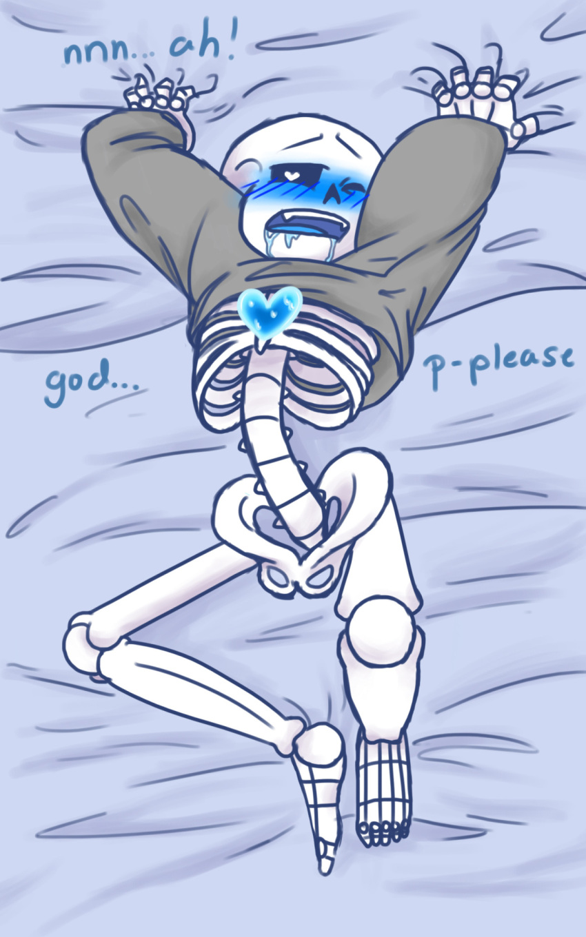 animated_skeleton blue_blush blush bottom_sans bottomless drooling grabbing_sheets gripping_sheets heart-shaped_pupils heart_eyes lying_on_back male_only monster on_back sans sans_(undertale) shirt_only shirt_up skeleton solo soul submissive text topwear topwear_only uke_sans undead undertale undertale_(series)