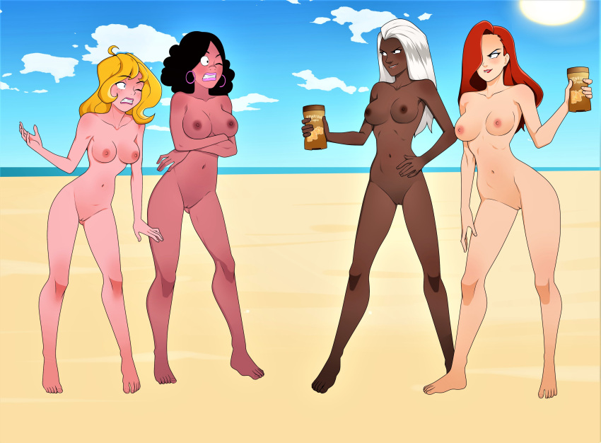 4girls anoneysnufftan arrest beach biting_lip black_hair blonde_hair blue_eyes breasts carole_(heavy_traffic) clenched_teeth clouds confrontation coonskin dark-skinned_female dark_skin defeated defeated_villainess embarrassed embarrassed_nude_female erect_nipples female female_only freckles hair_over_one_eye hawaiian_tropic heavy_traffic hoop_earrings humiliation jessica_rabbit killer_lotion long_hair lotion lotion_bottle marvel miss_america_(coonskin) nipples nude ocean peril pussy red_hair sand scared seaside sky snuff storm_(x-men) summer sunscreen white_hair who_framed_roger_rabbit wince x-men