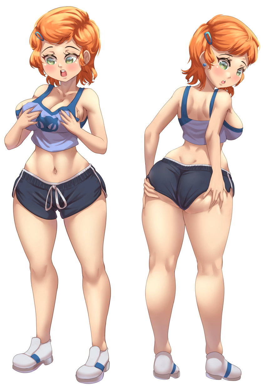 1girl 1girl 1girl absurd_res ben_10 big_ass big_breasts cartoon_network cjhomics cleavage crop_top fondling_breast green_eyes gwen_tennyson high_res looking_back open_mouth orange_hair short_hair short_shorts sideboob thick_thighs wide_hips