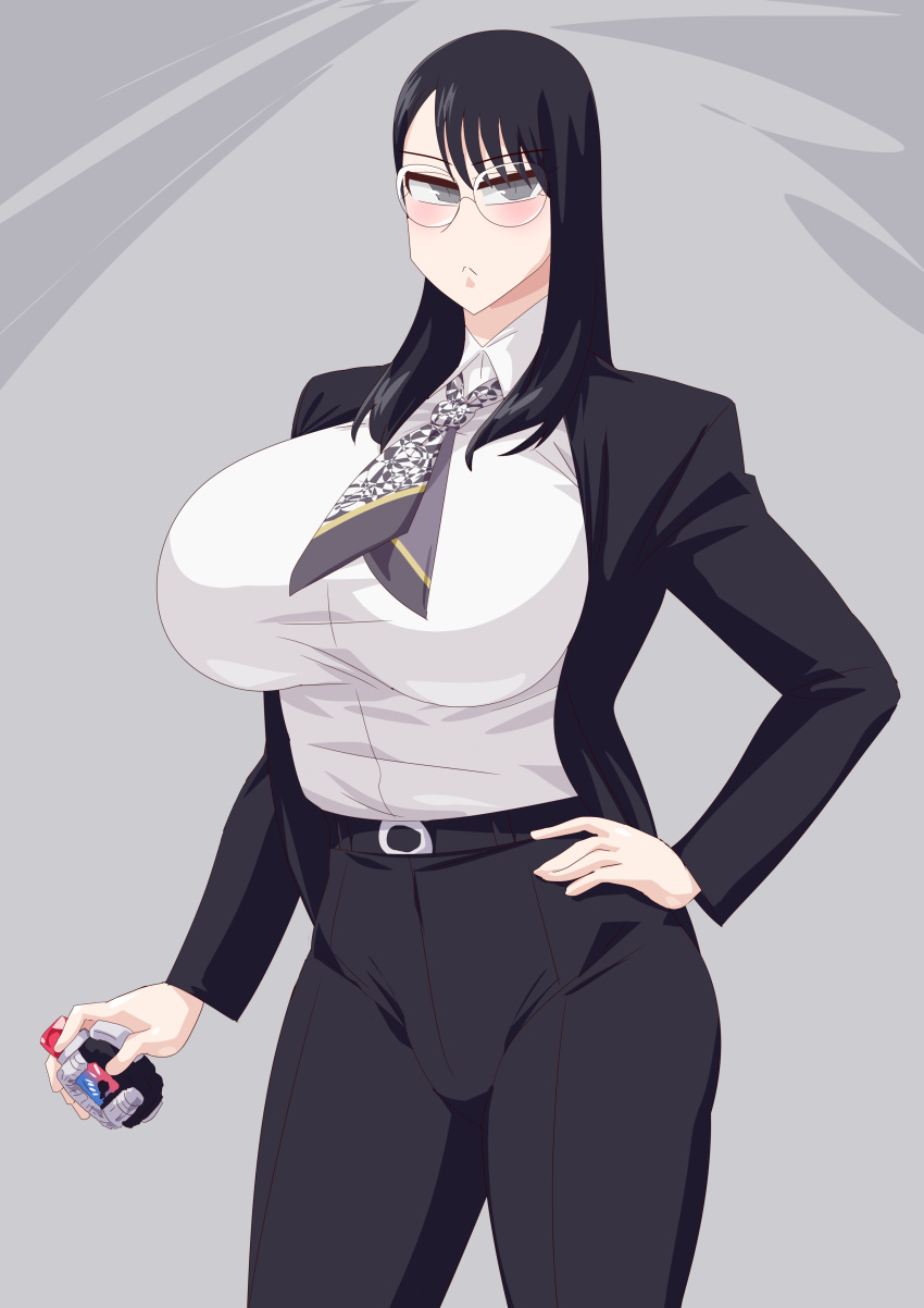 1girl absurd_res alluring bakuage_sentai_boonboomger big_breasts black_hair blouse glasses grey_eyes high_res neck_tie otokam1117 pants saibu_shirabe shirt super_sentai