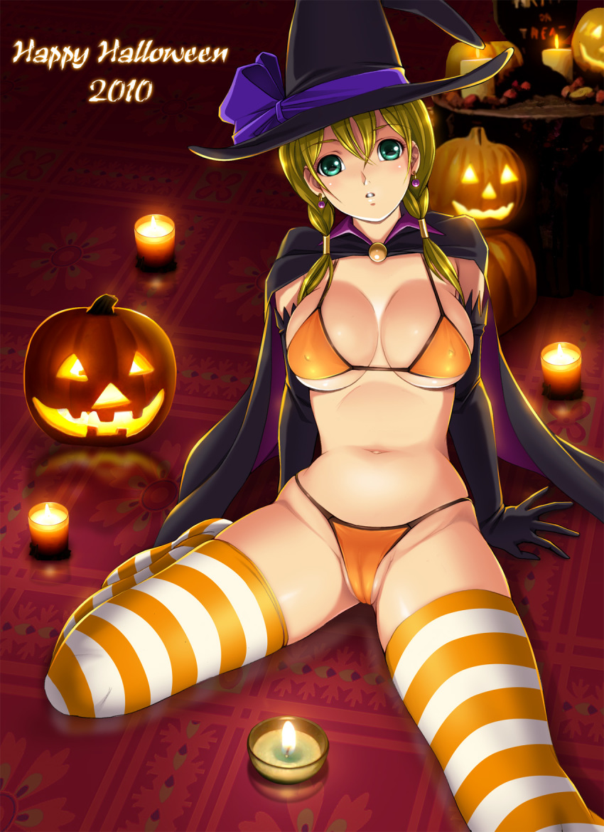 1girl 2010 bikini blonde_hair breasts cameltoe candle cape dragon@harry earrings elbow_gloves erect_nipples female gloves green_eyes halloween happy_halloween harii_(pixiv) hat highres jack-o'-lantern jewelry large_breasts navel orange_bikini original pumpkin skindentation solo striped striped_legwear striped_thighhighs swimsuit thighhighs witch_hat yellow_legwear