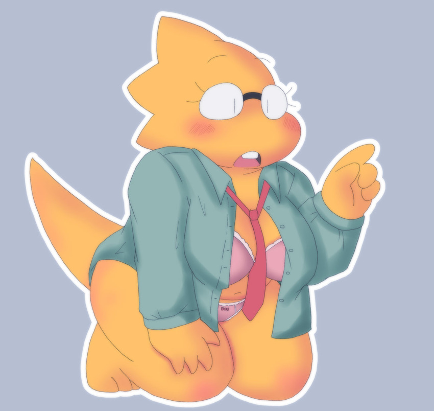 1girl 2d 2d_(artwork) 4_fingers adorable alphys alphys_(undertale) anthro anthro_only aruput aruput_ut blue_background bow_panties bra breasts chubby chubby_anthro chubby_female cute deltarune digital_media_(artwork) dinosaur dinosaur_girl female female_anthro female_only glasses kneeling lizard lizard_girl lizard_tail monster monster_girl neck_tie necktie necktie_between_breasts non-mammal_breasts open_clothes open_mouth open_shirt panties partially_clothed partially_clothed_anthro partially_clothed_female pink_bra pink_eyes pointing red_necktie reptile reptile_girl reptile_tail scalie scalie_female simple_background solid_color_background solo solo_anthro solo_female tail third-party_source tie unbuttoned unbuttoned_shirt undertale undertale_(series) video_game_character video_games yellow_body yellow_skin