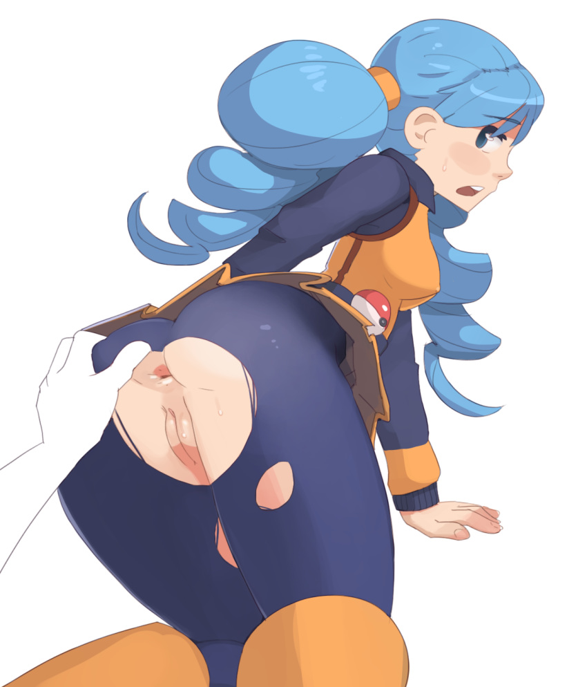 1girl ace_trainer_(pokemon) all_fours anus ass ass_grab blue_hair fridge_(artist) looking_back no_panties npc_trainer pantyhose poke_ball pokemon pokemon_(game) pokemon_bw pussy spread_anus torn_clothes torn_pantyhose uncensored