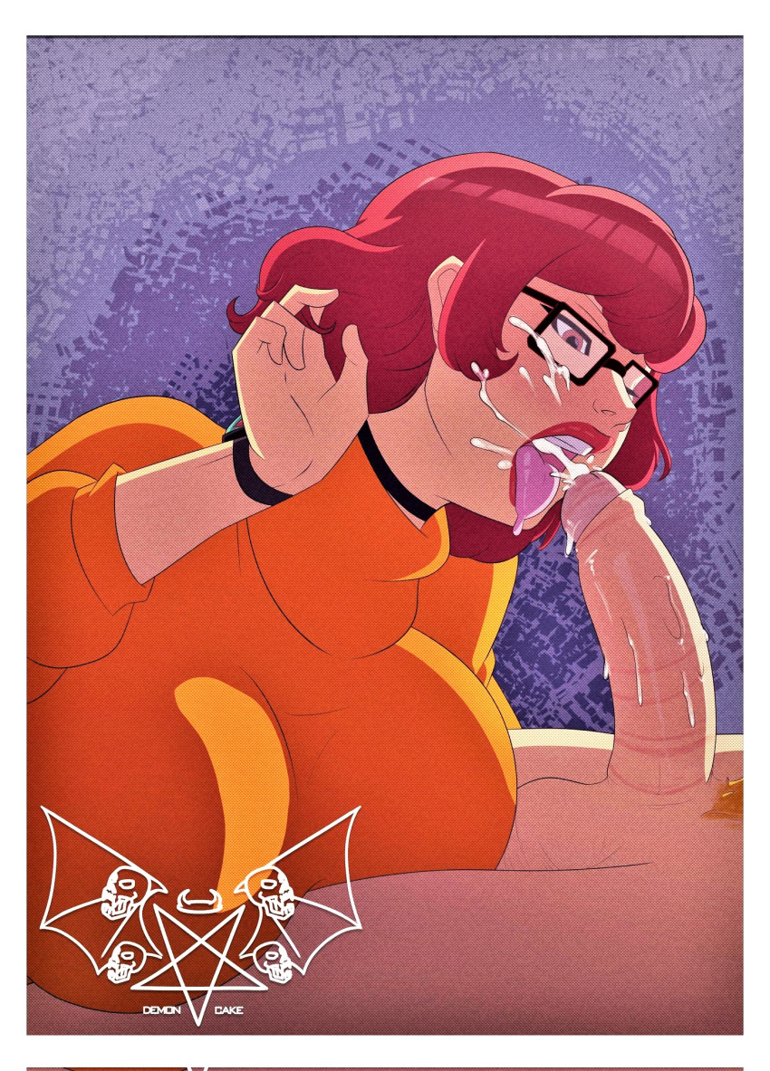 cum_in_mouth demoncake_(artist) erect_penis fellatio glasses huge_breasts huge_penis norville_"shaggy"_rogers scooby-doo shaggy_rogers sweater velma_dace_dinkley velma_dinkley