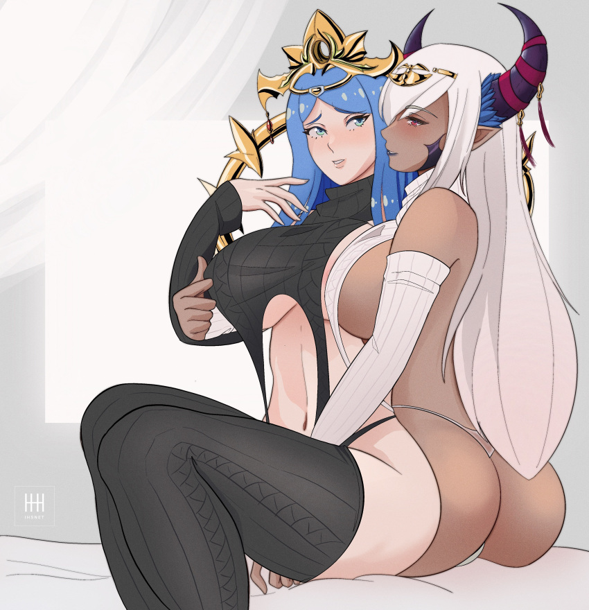 1girl 2_girls absurd_res after_kiss alluring areola_slip ass asymmetrical_horns bare_shoulders big_breasts black_panties black_sweater black_thighhighs blue_eyes blue_hair blush breast_grab cameltoe circlet cleavage commission crown dark-skinned_female dark_skin detached_sleeves dragon_girl female_only fire_emblem fire_emblem_engage grabbing hair_ornament hair_over_one_eye high_res holding horns ihsnet jewelry long_hair lumera_(fire_emblem) mature_female meme_attire multiple_girls navel nintendo non-web_source open_mouth panties pointy_ears purple_eyes purple_ribbon revealing_clothes ribbon sideboob smile stockings sweat sweater tan tassel tassel_hair_ornament thighs thong tiara turtleneck under_boob underwear very_long_hair virgin_destroyer_sweater white_panties white_sweater white_thighhighs yuri zephia_(fire_emblem)