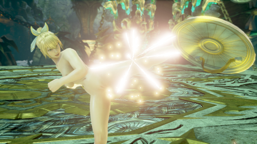 1girl alluring bare_legs big_breasts blonde_hair cassandra_alexandra completely_nude_female h-heroine high_kick kick kicking mod nipples nude project_soul pussy shield silf soul_calibur soul_calibur_ii soul_calibur_iii soul_calibur_vi weapon