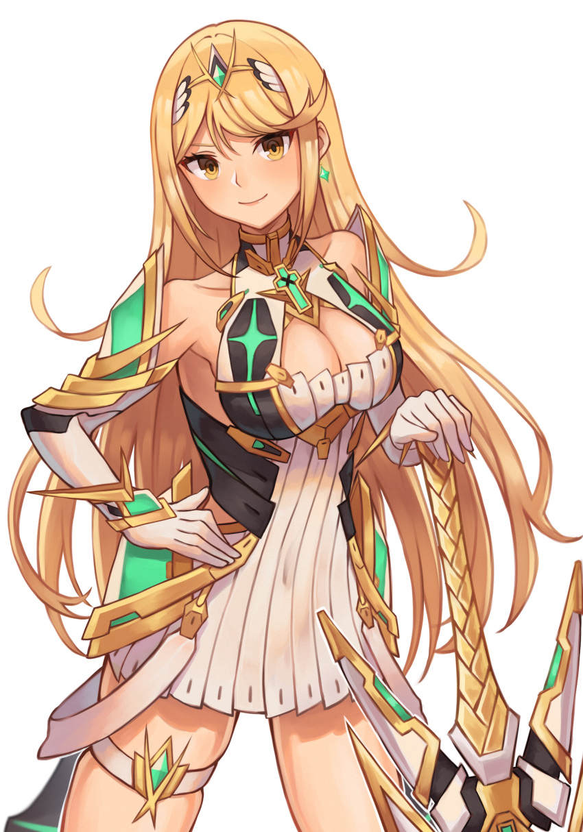 1girl 1girl 20060715 absurd_res armor big_breasts big_breasts blonde_hair blush brown_eyes cleavage closed_mouth dangle_earrings earrings hand_on_hilt high_res jewelry looking_at_viewer mythra nintendo simple_background smile white_background xenoblade_(series) xenoblade_chronicles_2