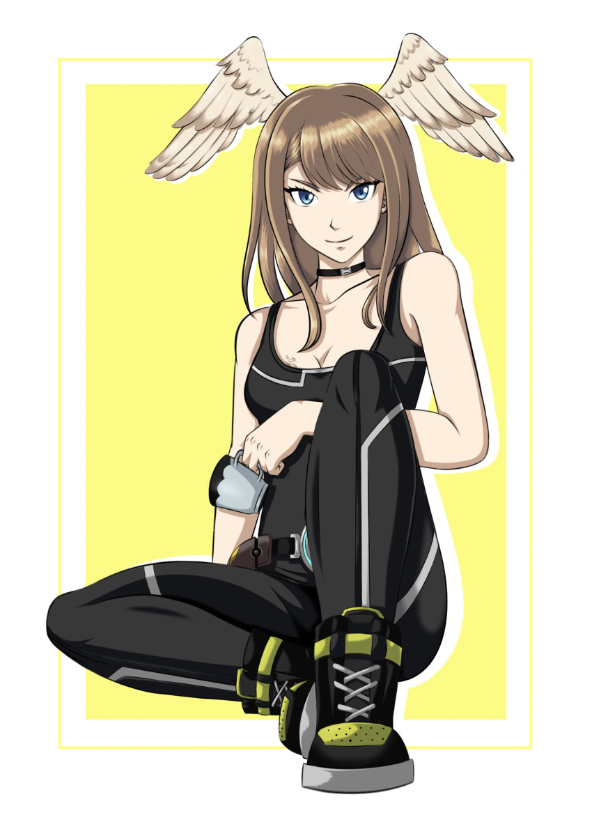 1girl absurd_res alluring belt black_legwear black_shirt blue_eyes brown_hair choker cup ememtrp eunie_(xenoblade) high_res mug nintendo on_floor pale_skin shirt shoelaces shoes simple_background sitting smile sneakers striped_legwear tank_top wings xenoblade_(series) xenoblade_chronicles_3