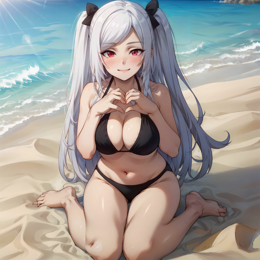 alexia_midgar_(the_eminence_in_shadow) alluring bare_legs beach big_breasts bikini cleavage long_hair nightcore_(artist) ocean on_knes sand silver_hair tagme the_eminence_in_shadow_(series)