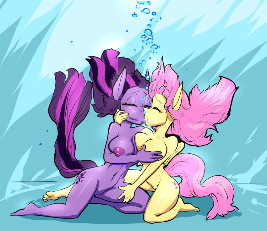 2girls breathplay bubbles byondrage closed_eyes female female/female female_only flowing_hair fluttershy fluttershy_(mlp) friendship_is_magic groping hasbro holding kissing my_little_pony nude nudity ponies pony rubbing sitting tagme touching twilight_sparkle twilight_sparkle_(mlp) underwater yuri