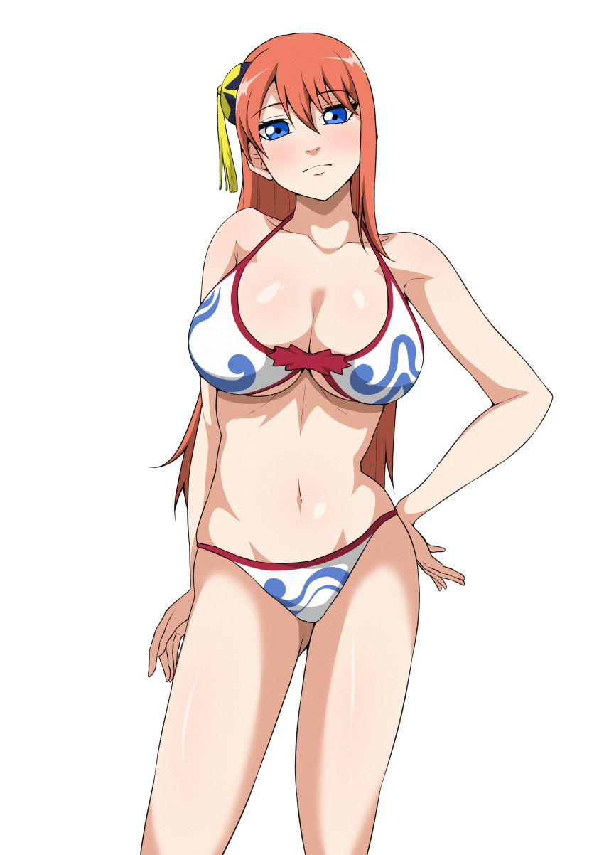 1girl 1girl 1girl aged_up alluring alternate_costume big_breasts bikini blue_eyes blush bun_cover cleavage female_only gintama gintama:_be_forever_yorozuya hair_between_eyes hand_on_hip kagura_(gintama) long_hair looking_at_viewer monyamonya78 official_alternate_hairstyle orange_hair standing swimsuit under_boob white_bikini