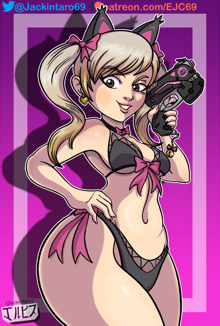 bikini black_cat_d.va blonde_hair brown_eyes cat_ears d.va digital_media_(artwork) gun jackintaro jingle_bell lips looking_at_viewer overwatch pigtails ribbons simple_background