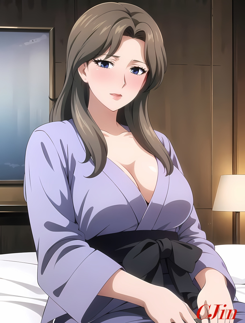 ai_generated breasts chibo cjin fujino_ninno kimono long_hair mature mature_female mature_woman milf mom mommy mother_knows_breast robe