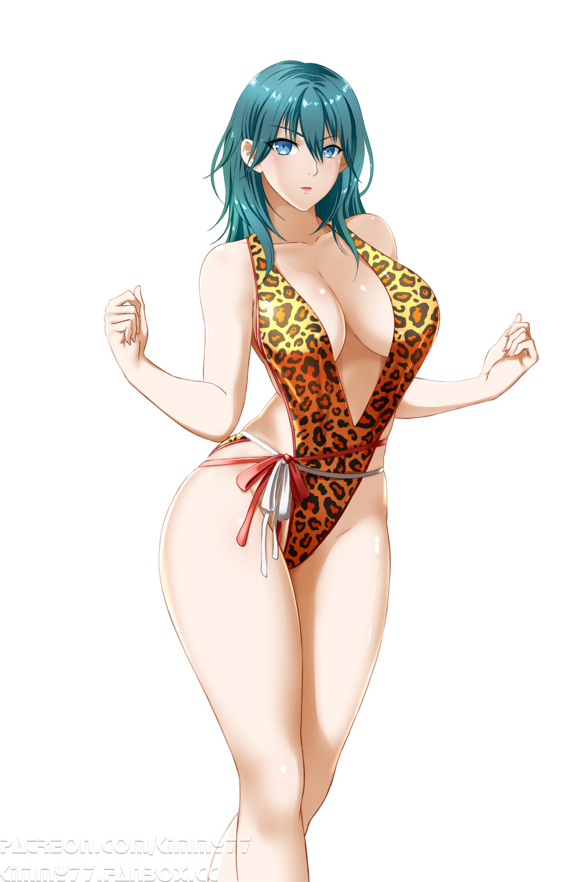 1girl 1girl 1girl alluring bare_legs big_breasts blue_eyes breasts byleth_(fire_emblem) byleth_(fire_emblem)_(female) byleth_(summer)_(fire_emblem)_(female) cleavage female_only fire_emblem fire_emblem:_three_houses fire_emblem_heroes flower hair_flower hibiscus kimmy77 legs leopard_print long_hair looking_at_viewer nintendo one-piece_swimsuit red_flower revealing_clothes slingshot_swimsuit swimsuit teal_hair thick_thighs white_background wide_hips yellow_one-piece_swimsuit yellow_swimsuit