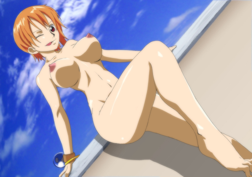 1girl areolae ass bracelet breasts cloud erect_nipples feet jewelry kyabakurabakufu large_breasts leg_up legs looking_at_viewer nami nami_(one_piece) naughty_face navel nipples nude one_piece orange_hair pirate red_eyes short_hair sky smile solo standing thighs toes tongue tongue_out wink