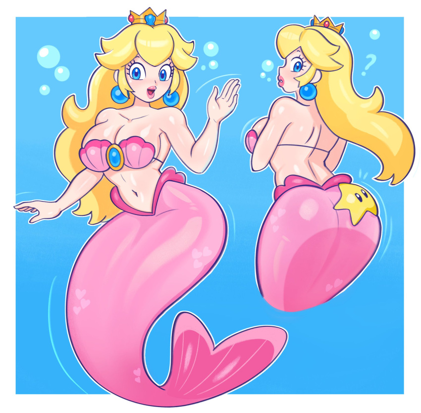 1girl 1girl 1girl ass blonde_hair blue_eyes breasts female_only luma_draws mario_(series) mermaid mermaid_ass mermaid_girl mermaid_tail mermaid_transformation nintendo pink_tail princess_peach seashell_bra super_mario_bros. swimming tagme underwater water