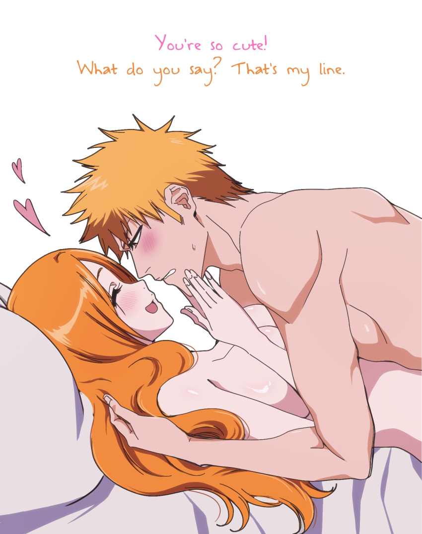 1boy 1girl after_sex alluring ashamed big_breasts bleach blush breasts canon_couple closed_eyes completely_nude couple cuddling duo duo_focus embarrassed happy happy_female heart hugging ichigo_kurosaki inoue_orihime long_hair looking_at_another looking_at_partner lying lying_down lying_on_back lying_on_person lying_on_stomach male/female missionary missionary_position orange_hair romantic romantic_couple rozuberry short_hair side_view sideboob spoken_heart straight talking_to_another talking_to_partner teasing text wholesome