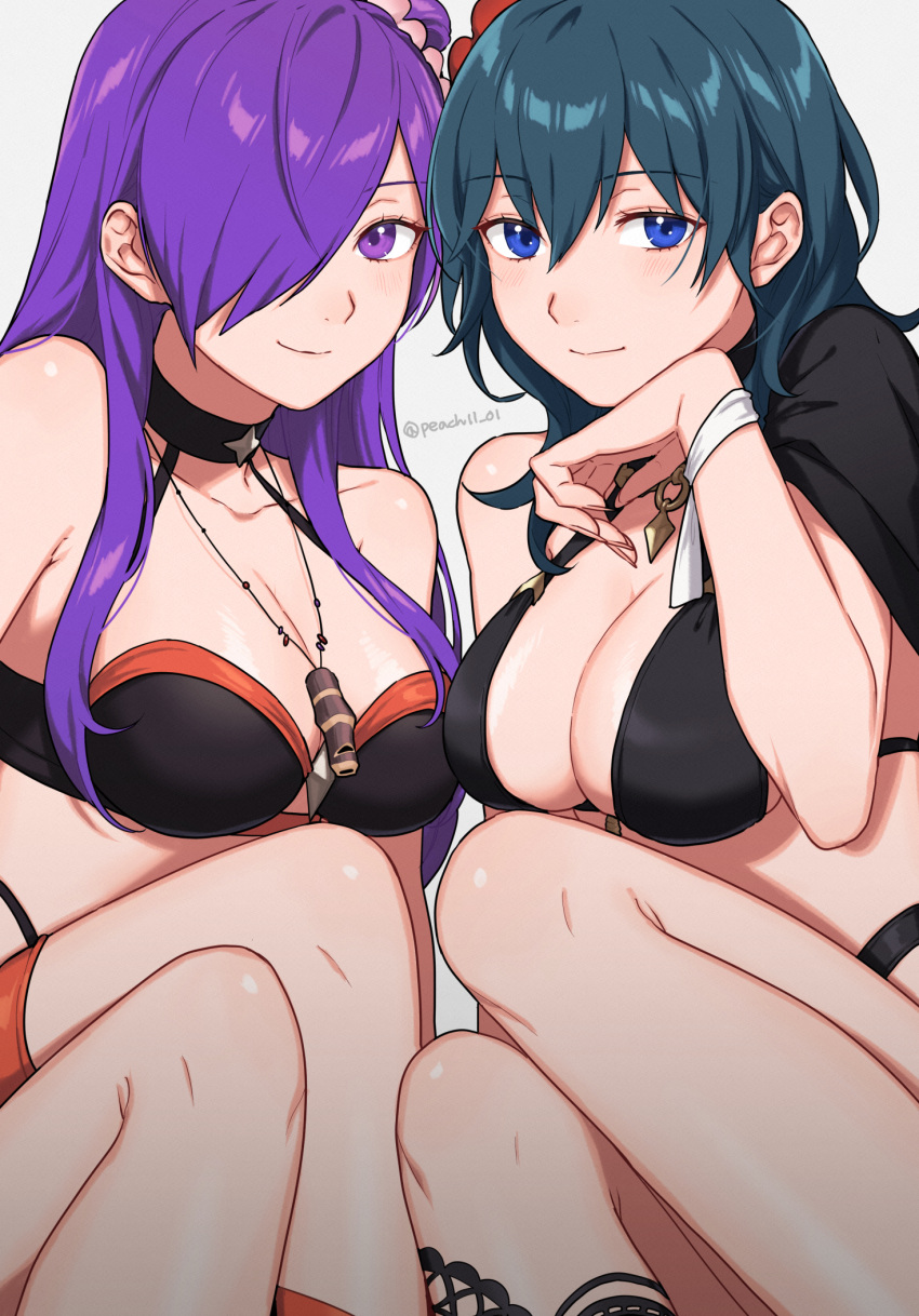 2girls alluring alternate_costume big_breasts bikini black_bikini black_swimsuit breasts byleth_(female) byleth_(fire_emblem) byleth_(fire_emblem)_(female) choker cleavage closed_mouth female_only fire_emblem fire_emblem:_three_houses fire_emblem_heroes fire_emblem_warriors:_three_hopes flower hair_between_eyes hair_bun hair_flower hair_ornament hair_over_one_eye hibiscus high_res long_hair multiple_girls navel nintendo official_alternate_costume peach11_01 purple_eyes purple_hair shez_(female)_(fire_emblem) shez_(female)_(summer)_(fire_emblem) shez_(fire_emblem) single_hair_bun sitting smile swimsuit teal_eyes teal_hair whistle