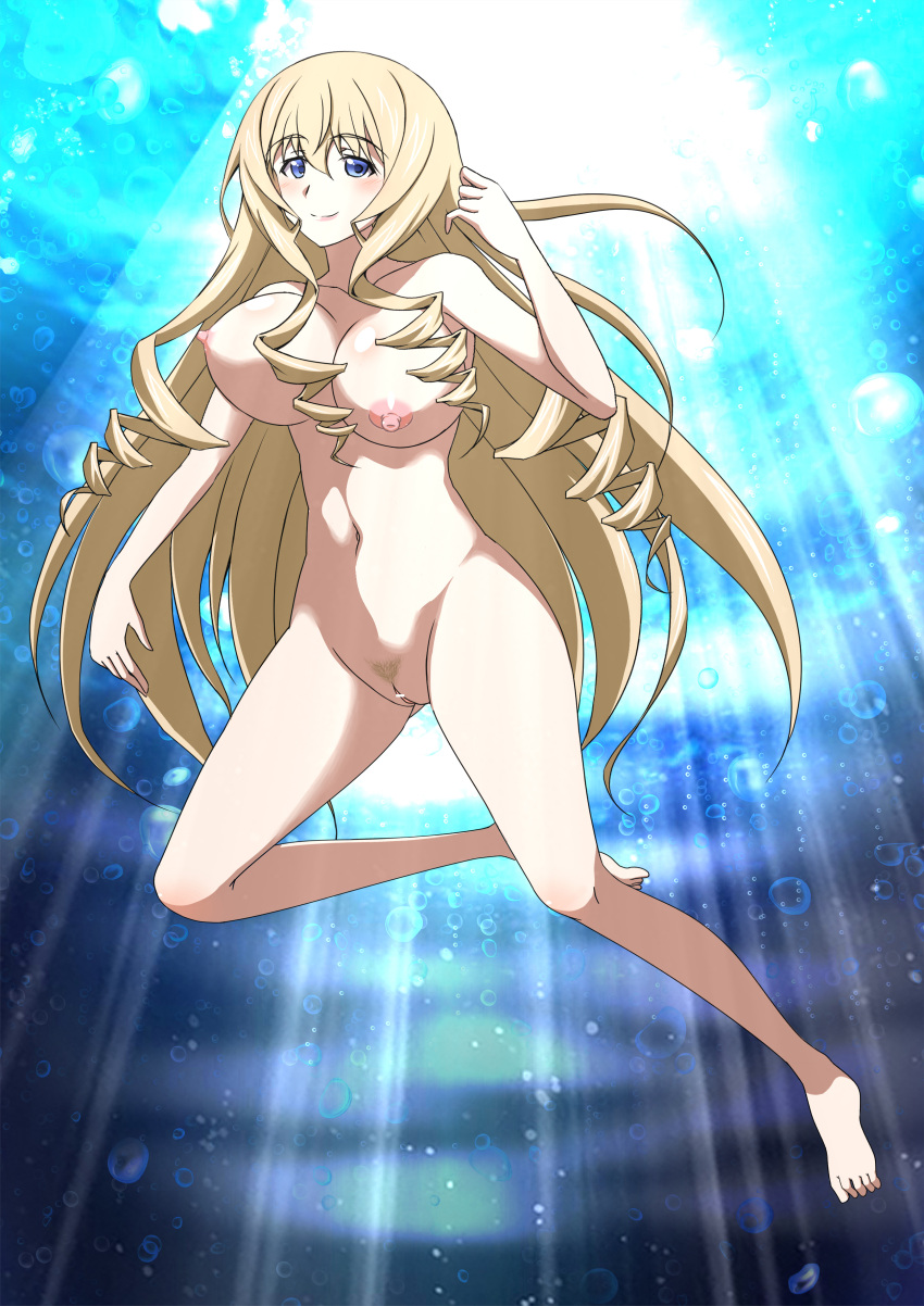 1girl arm_up barefoot big_breasts blonde_hair blue_eyes breasts cecilia_alcott censored drill_hair feet female female_only freediving hairband high_res infinite_stratos kuroda_ariake legs long_hair looking_at_viewer navel nipples nude ocean pink_lips pointless_censoring pubic_hair pussy sea sensual skinny_dipping solo swimming thighs underwater voluptuous water