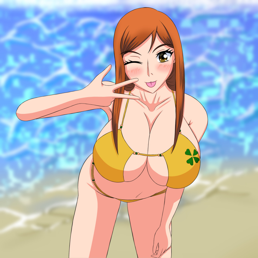 1girl alluring beach big_breasts bikini bleach cleavage inoue_orihime orange_hair peace_gesture v yeezusdraw