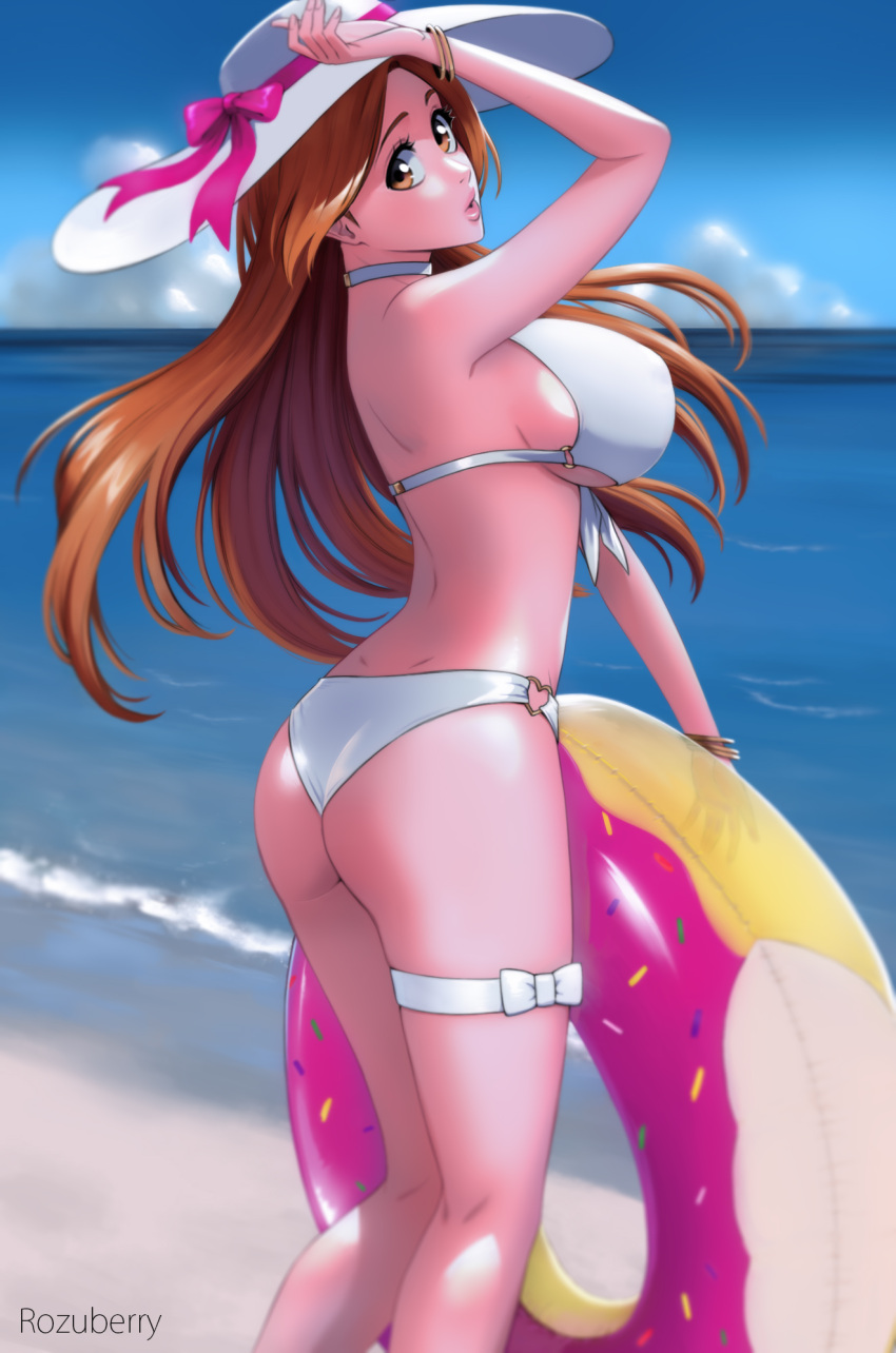 1girl 1girl 1girl alluring ass beach big_breasts bikini bleach blush bracelets breasts clouds female_only floater hat holding_object inoue_orihime long_hair looking_at_viewer ocean one_arm_up orange_hair posing rozuberry sand sideboob sky thigh_strap water