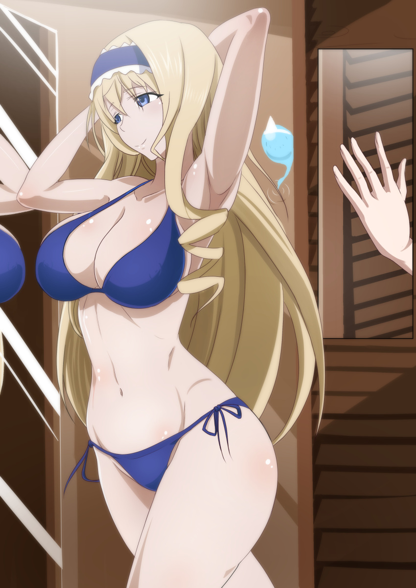 1girl 1girl 1girl alluring big_breasts big_breasts big_breasts blonde_hair blue_bikini blue_eyes breasts cecilia_alcott cleavage drill_hair hair_bow infinite_stratos legs long_hair mirror navel pose posing reflection sensual smile the_amazing_gambit thighs voluptuous