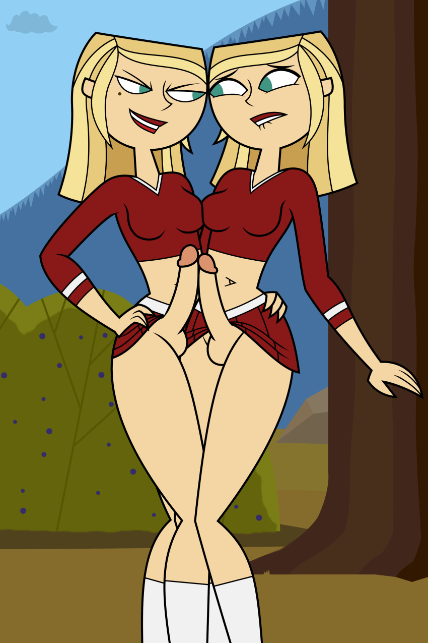 2futas amy_(tdi) beauty_mark biting_lip blonde_hair breasts duo frottage futa_only futanari futanari_on_futanari green_eyes incest lips lipstick makeup navel nipples nude outside penis penises_touching samey samey_(total_drama_pahkitew_island) siblings sisters tjlive5 total_drama_island twincest twins