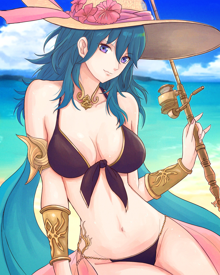 1girl 1girl 1girl absurd_res alluring alternate_costume bangs beach bikini black_bikini black_swimsuit blue_eyes breasts byleth_(female) byleth_(fire_emblem) byleth_(fire_emblem)_(female) cleavage commentary female_only fire_emblem fire_emblem:_three_houses hat high_res long_hair looking_at_viewer medium_breasts medium_hair navel nintendo ocean simple_background smile swimsuit teal_hair truejekart weapon