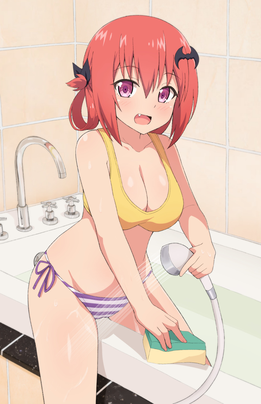 1girl :d bare_shoulders bat_hair_ornament bathtub bikini blush breasts cleavage collarbone fang female_only gabriel_dropout hair_between_eyes hair_ornament hair_rings hand_up high_res holding indoors legs_apart looking_at_viewer nyaroon open_mouth purple_bikini purple_eyes red_hair satanichia_kurumizawa_mcdowell shower_head smile solo_female sponge sports_bra striped striped_bikini swimsuit thighs tile_wall tiles tongue water