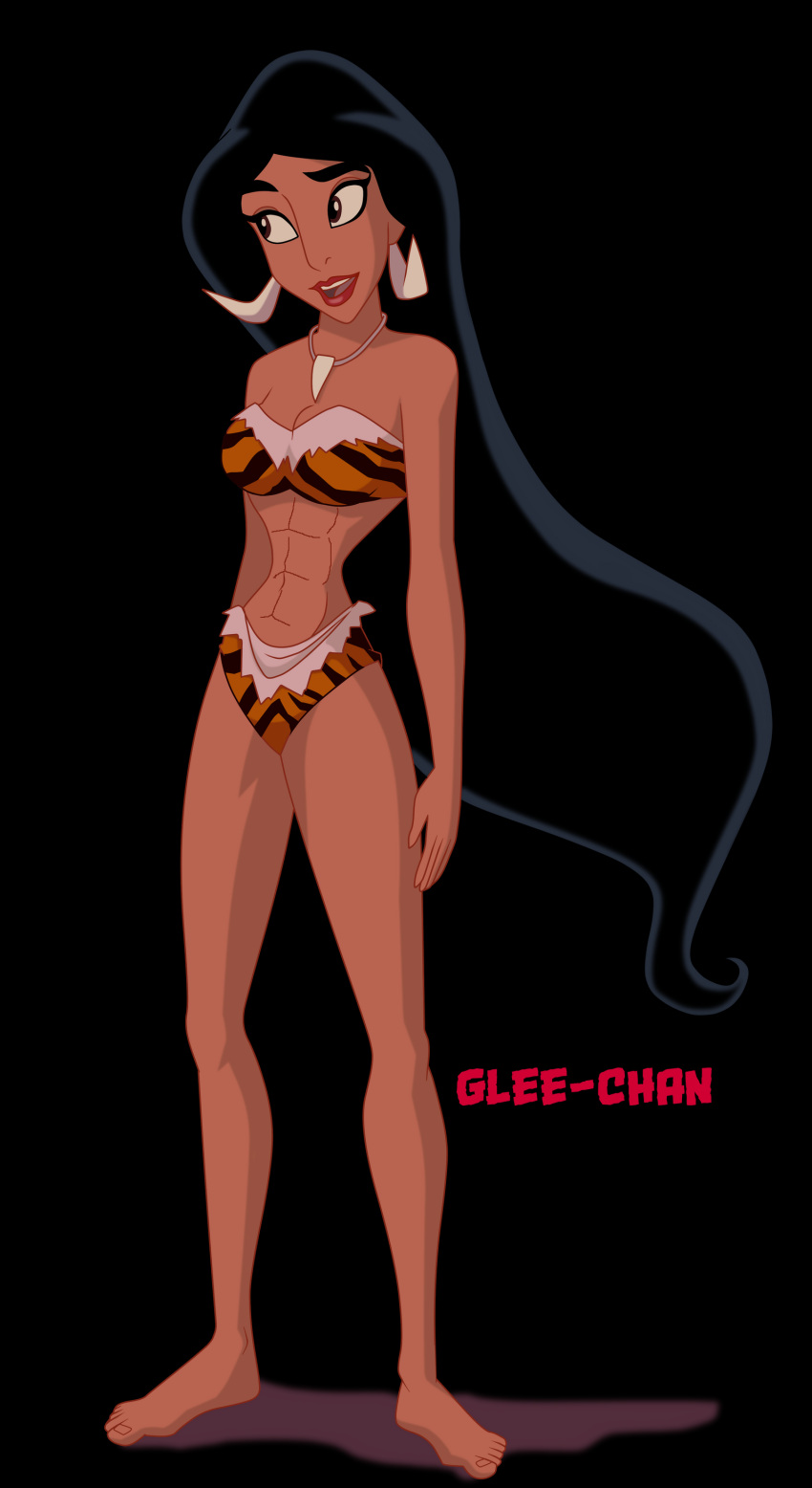 1girl aladdin_(series) alluring athletic_female big_breasts black_hair cleavage disney disney_princess female_abs fit_female glee-chan hourglass_figure jungle_girl long_hair princess_jasmine tiger_print tiger_print_bikini