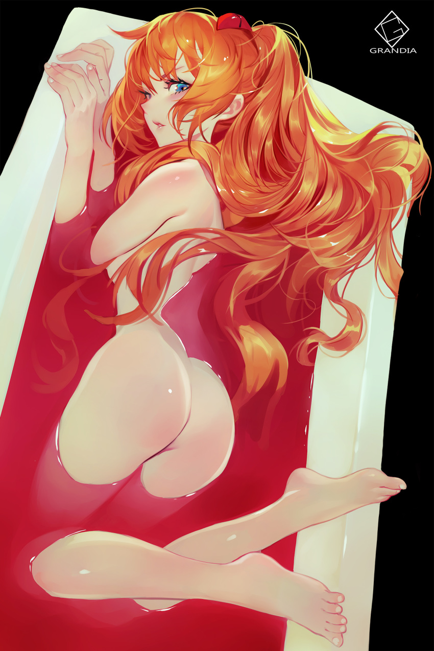 1girl artist_name ass asuka_langley_souryuu bathtub black_background blue_eyes blush feet_up from_behind grandia_lee grandialee hair_ornament high_resolution lcl long_hair looking_back neon_genesis_evangelion nude orange_hair parted_lips partially_submerged simple_background v-shaped_eyebrows very_long_hair viewed_from_above