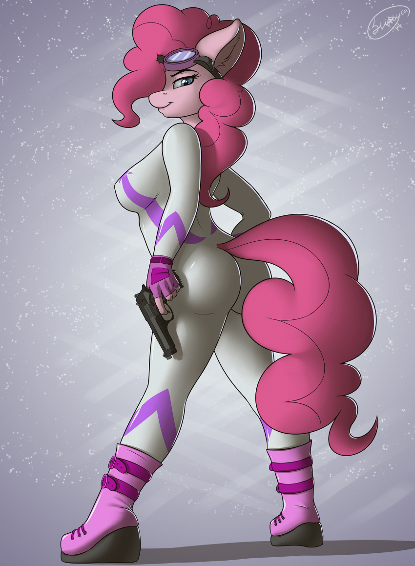 2014 blue_eyes butt equine eyewear female fingerless_gloves friendship_is_magic fur gloves goggles gun hair high_res holding horse looking_at_viewer mammal my_little_pony pink_fur pink_hair pinkie_pie pinkie_pie_(mlp) pony ranged_weapon skipsy smile solo standing weapon