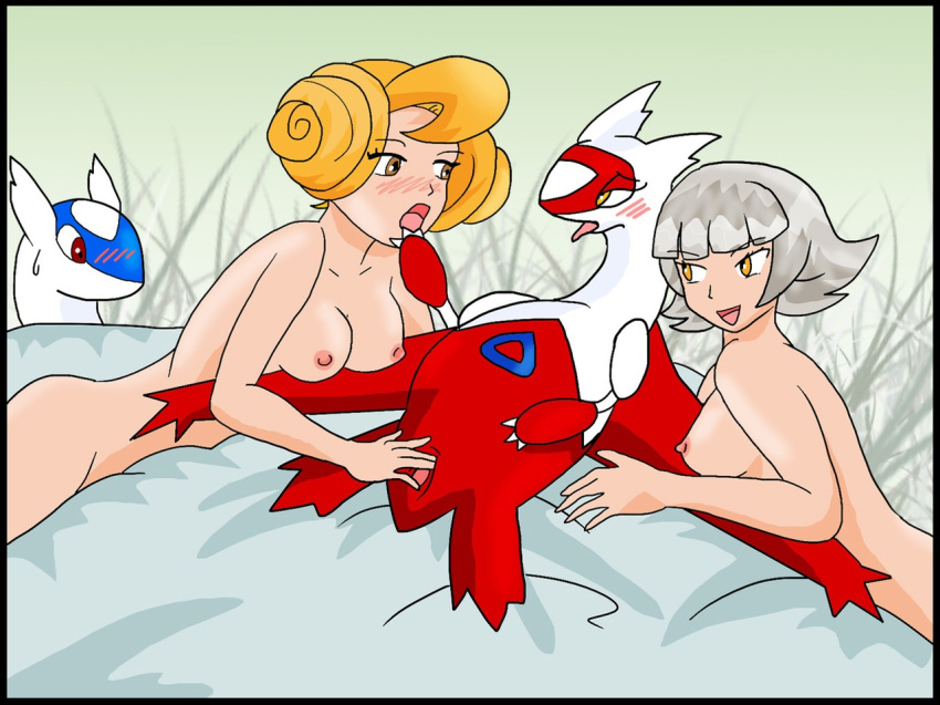 1boy 3girls annie_(pokemon) arms art artist_request babe bare_shoulders bed between_breasts blonde blonde_hair blush breast_rest breasts brown_eyes caught cleavage double_bun eye_contact female_orgasm fingering girl_sandwich hair hair_bun half-closed_eyes latias latios lions_(pokemon) looking_at_another lying moaning multiple_girls naughty_face neck nipples nude oakley oakley_(pokemon) open_mouth orgasm pokemon pokemon_(anime) pokemon_(movie) pussy red_eyes short_hair sideboob silver_hair smile surprised sweat sweatdrop team_rocket threesome tongue tongue_out villain yellow_eyes yuri zanner_(pokemon)