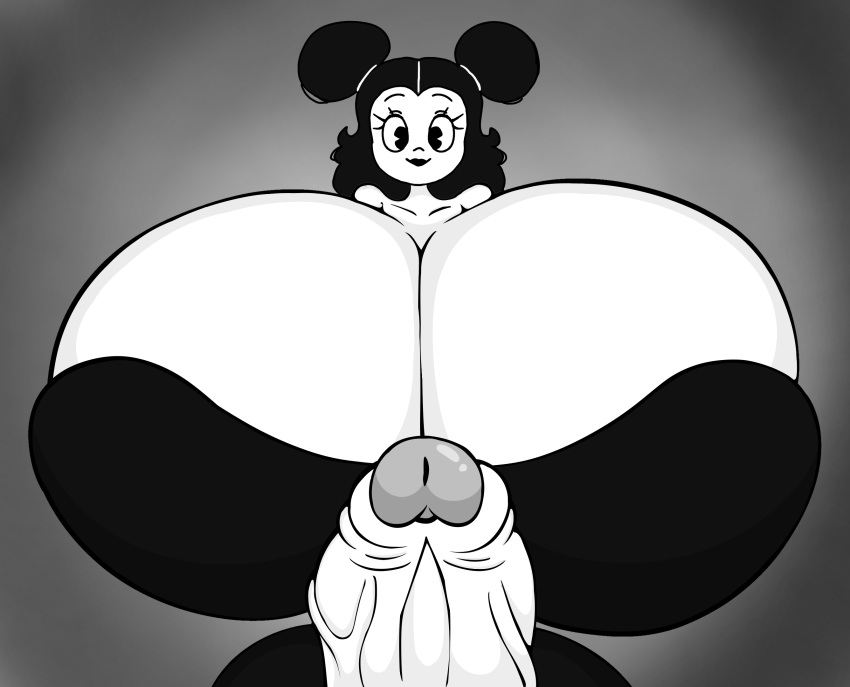 bearalphar34fan_v2 black_clothing black_hair cartoony dark_background futanari grin huge_penis hyper_breasts joaoppereiraus looking_at_viewer pac-man_eyes rubberhose sally_mcboing_(joaoppereiraus) tagme white_skin