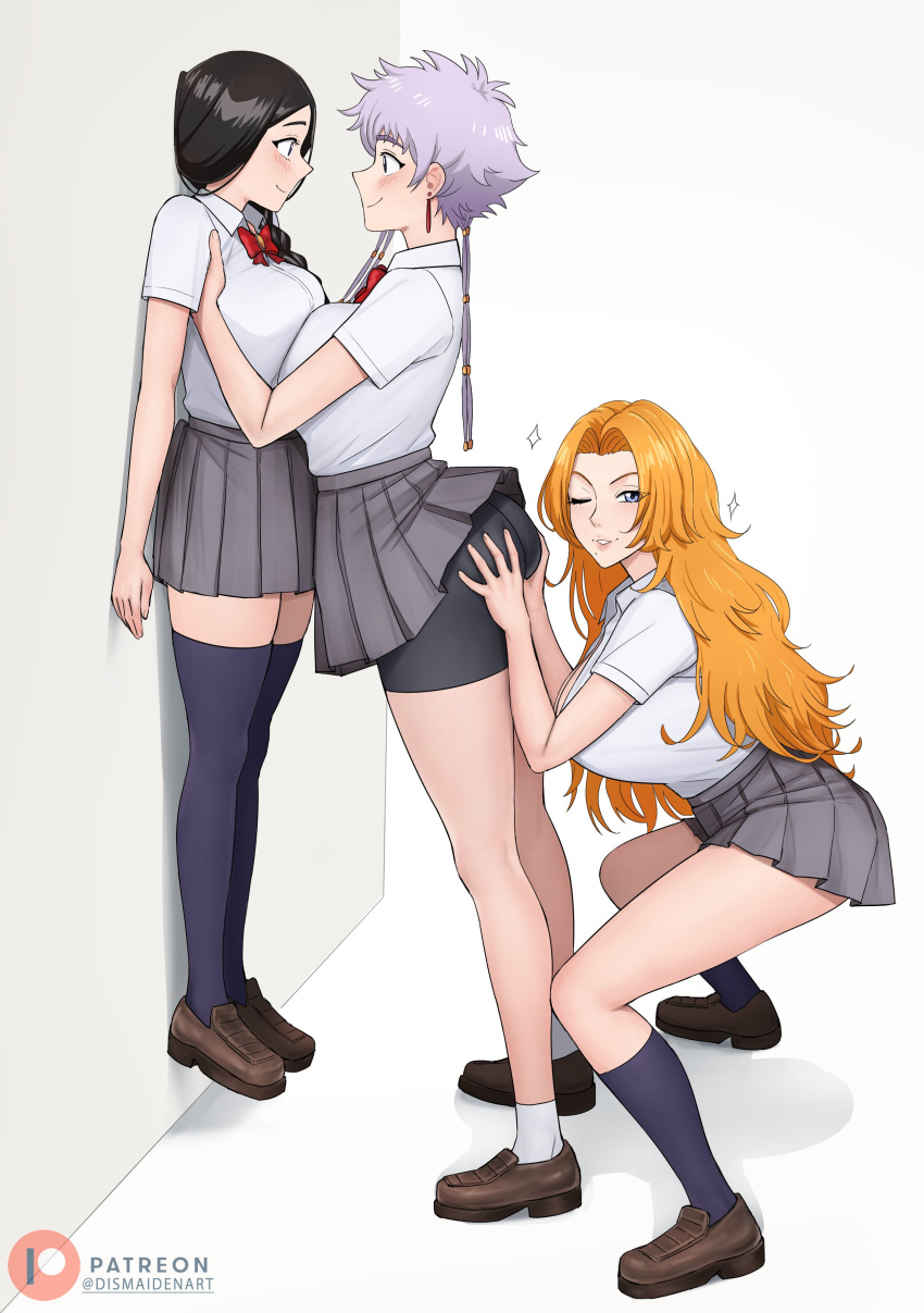 3_girls black_hair bleach blonde_hair butt_grab dismaiden isane_kotetsu kotetsu_isane matsumoto_rangiku meme naughty_face rangiku_matsumoto retsu_unohana school_uniform size_difference smirk surprised unohana_retsu white_hair you_gonna_get_raped yuri