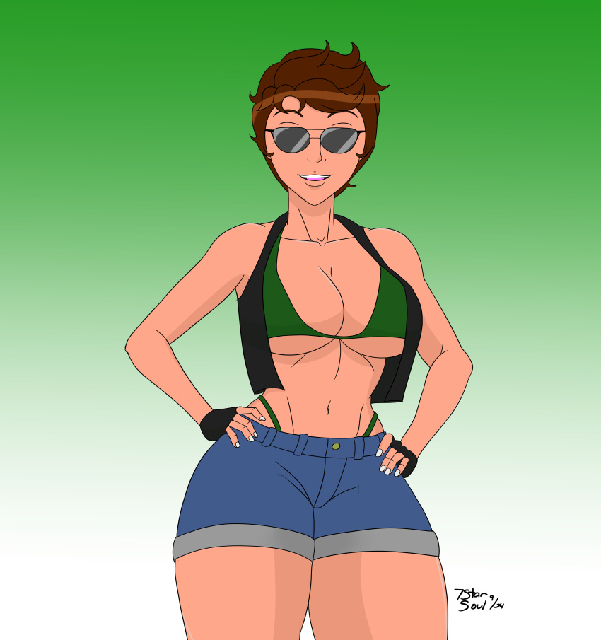 7starsoul alison_r_hart_burnett artist_signature big_breasts bikini_top breasts brown_hair commission commissioner_upload denim_shorts fingerless_gloves g.i._joe gloves hands_on_hips lady_jaye looking_at_viewer shorts sunglasses vest